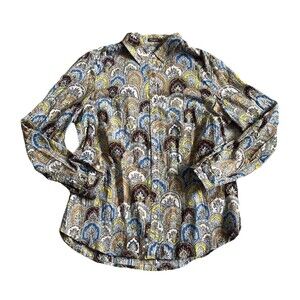 J McLaughlin Shirt Womens 10 Button Up Blouse Boho Retro Festival Brown Cream